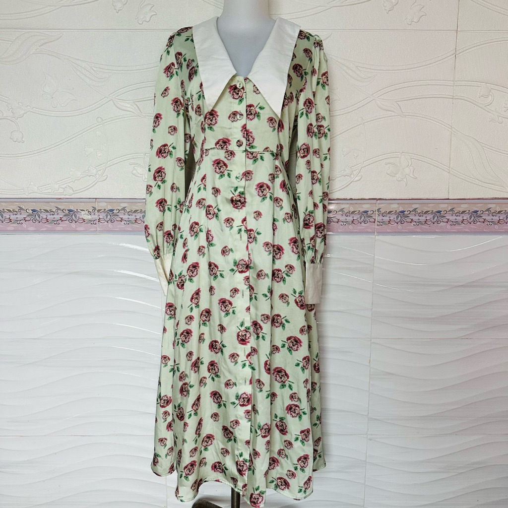 hijau sage gamis vintage long Dress kerah Sailor Lebaran kekinian