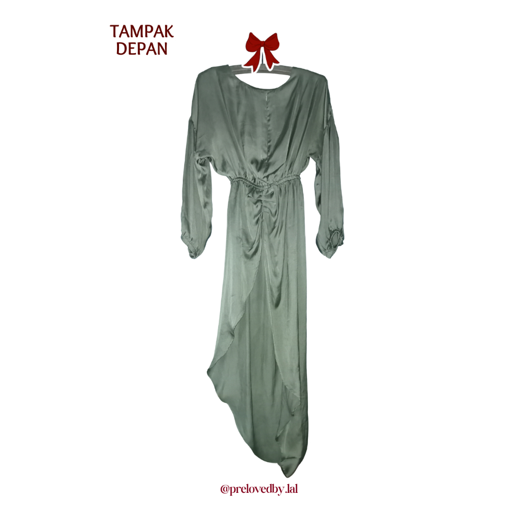 PRELOVED L071 Dress Gaun Kaftan Baju Muslim Panjang Bahan Satin Silk Lengan Panjang Warna Hijau Sage