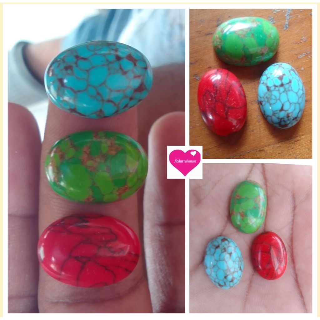 3 BUTIR BATU AKIK PIRUS  "MESIR URAT MERAH - MERAH - HIJAU" 18X13mm ORIGINAL HOWLITE SPECIAL STONE