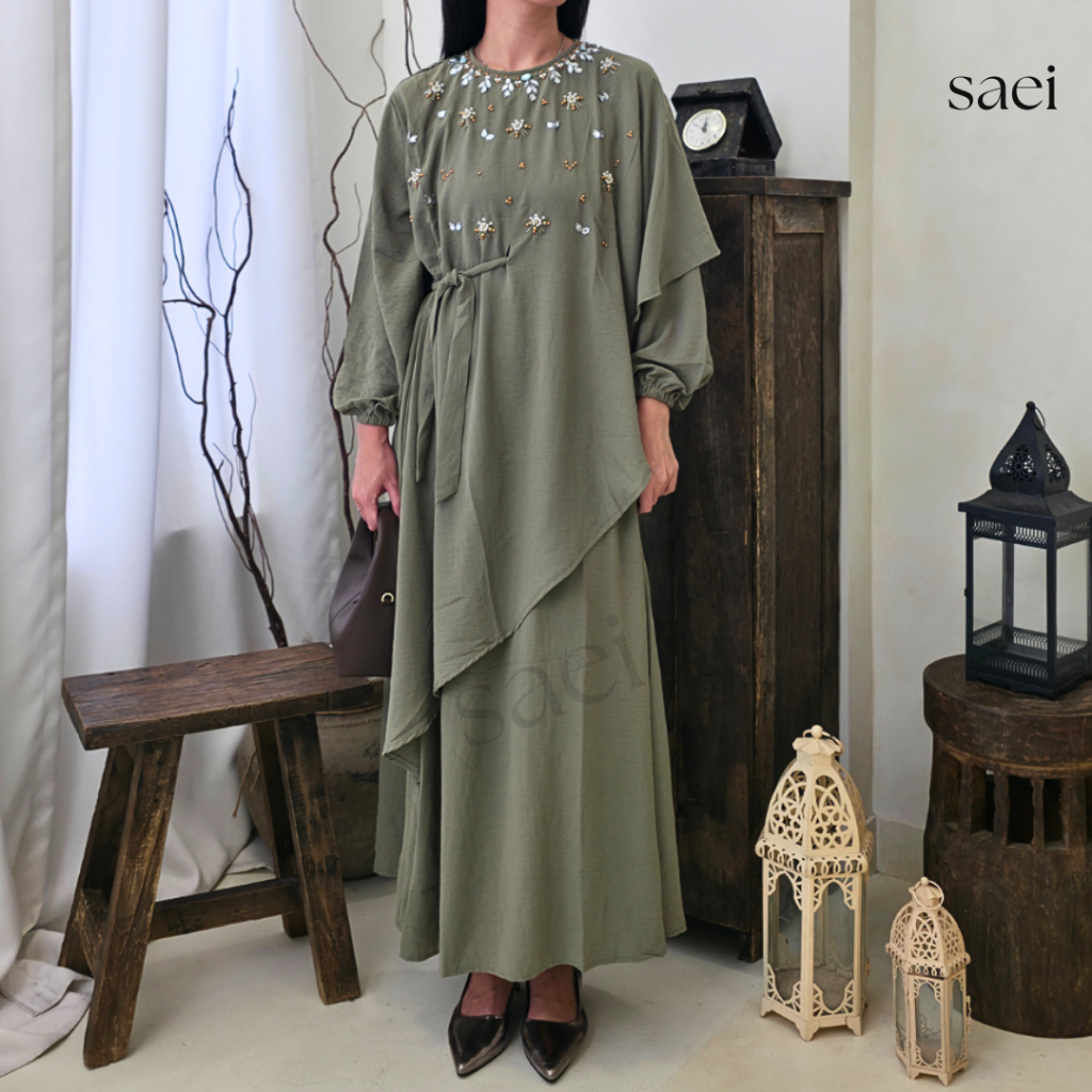 SAEI Dress Gamis Muslim Wanita Lebaran Premium Gaun Pesta Muslimah Elegan - Alea Hijau Sage Premium 