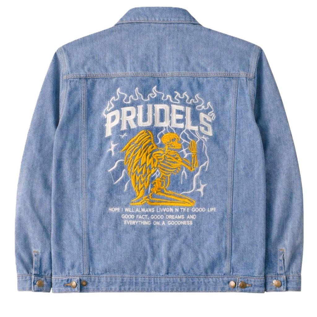Prudels Jaket Denim Pria Blue Wash - Jaket Jeans Distro Grafis Skeleton Angel - Streetwear Oversize 