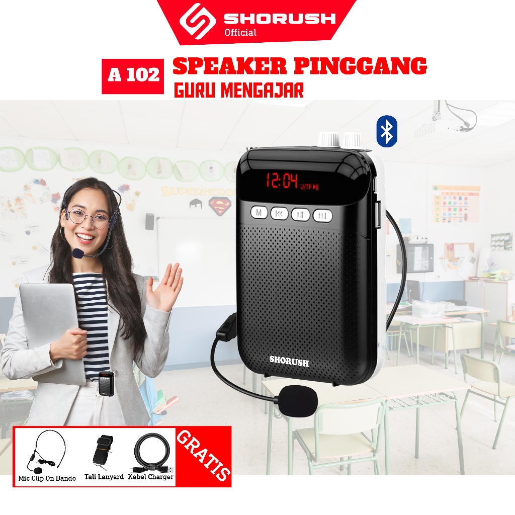 Shorush A102 S Speaker Pinggang Portable Mini Bluethooth dengan Microphone Bando Pengeras Suara untu