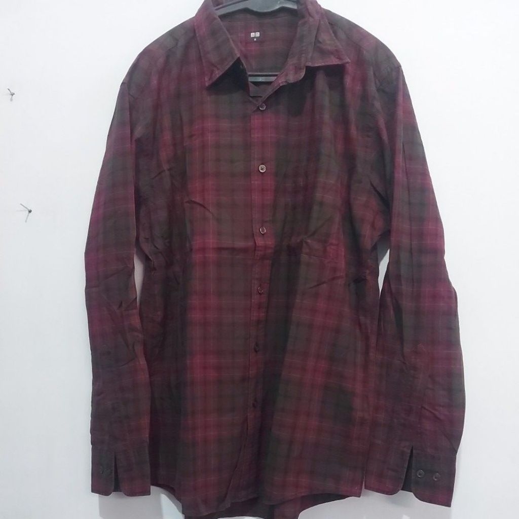 Atasan Kemeja Motif Kotak-Kotak Pria/Wanita Unisex Lengan Panjang Warna basic Burgundy mix Hitam Uni