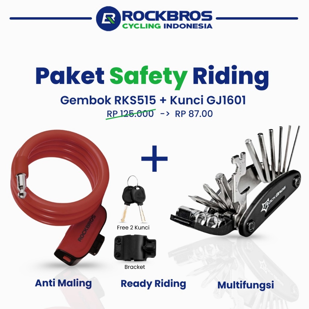 RCI Paket Bundling ROCKBROS Multitool GJ1601 + Kunci Kabel Sepeda RKS515 | Toolset & Anti Theft Cycl