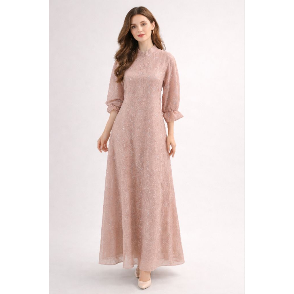 Gamis Wanita Muslimah Dress Brokat Premium Dusty Pink Elegan – Gamis Pesta Lebaran Kekinian Lengan P