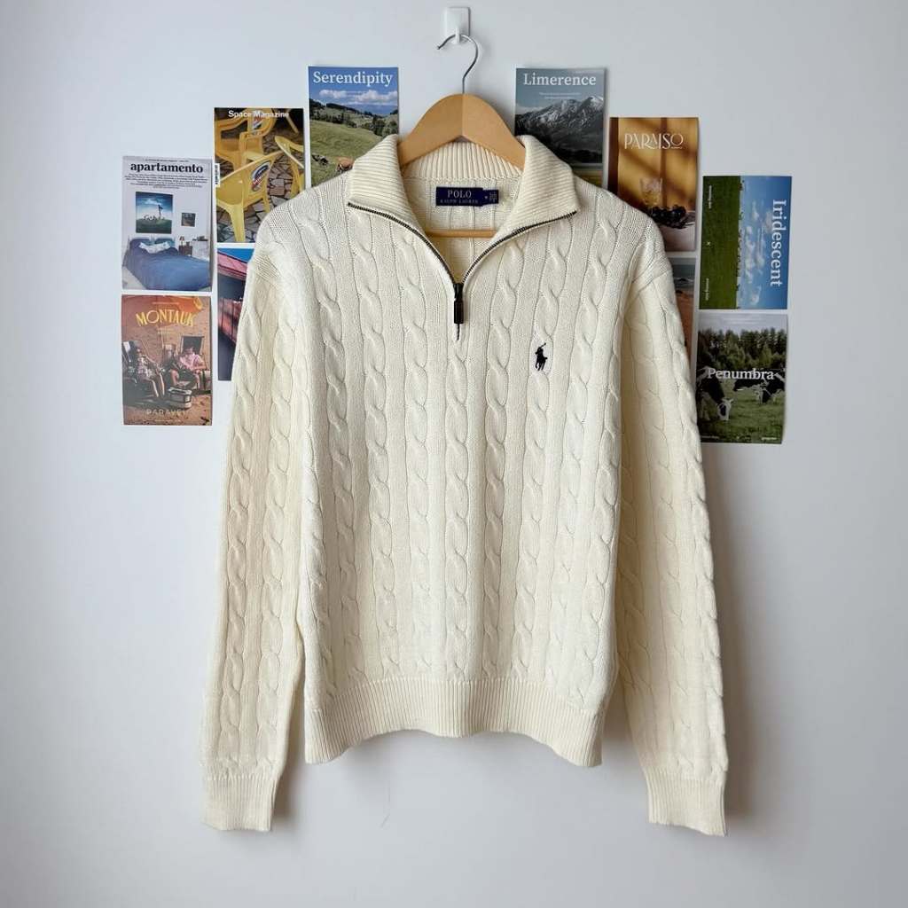 New Cable Knit Quarter Zip Sweater Cream White Polo Ralph Lauren Pria Wanita Original