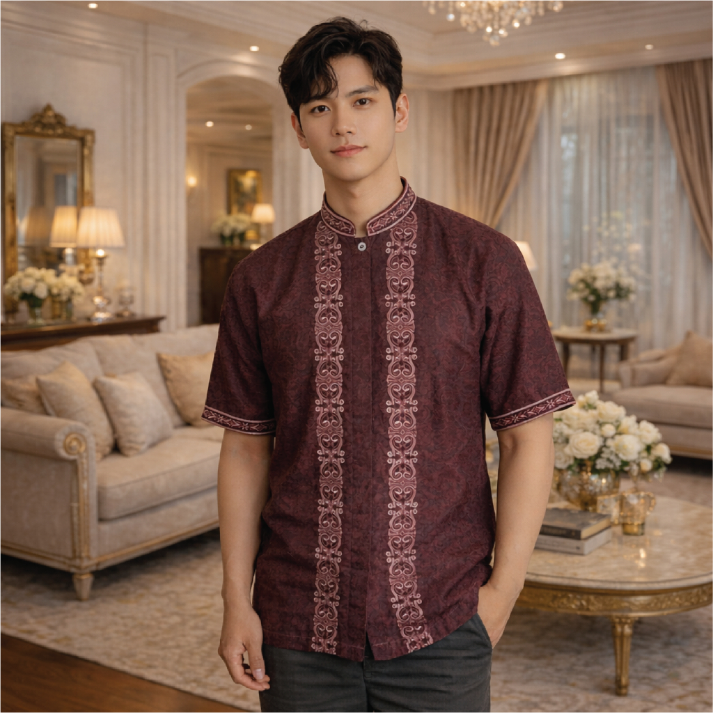 Bali Lestari Koko Dewasa Lengan Pendek Motif Obras Elegant Ungu Tua