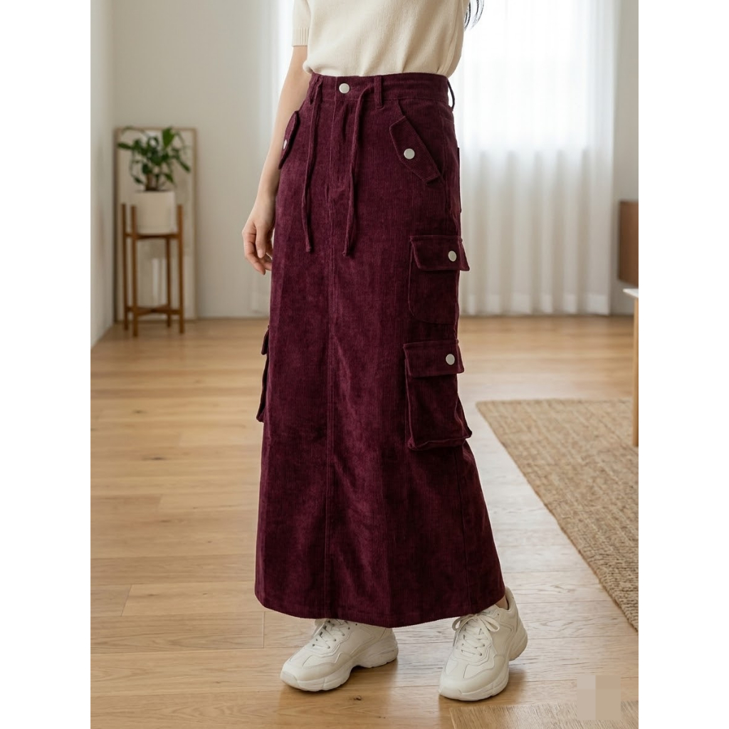 Rok Cargo Wanita Highwaist Premium Rok Cargo Corduroy Wanita Panjang