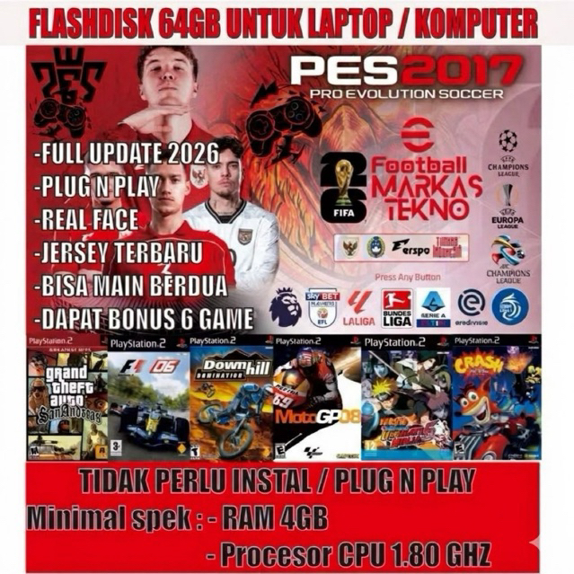 FLASHDISK GAME PES 2017 UPDATE 2026 | KHUSUS PC KOMPUTER & LAPTOP ISI 7 GAME