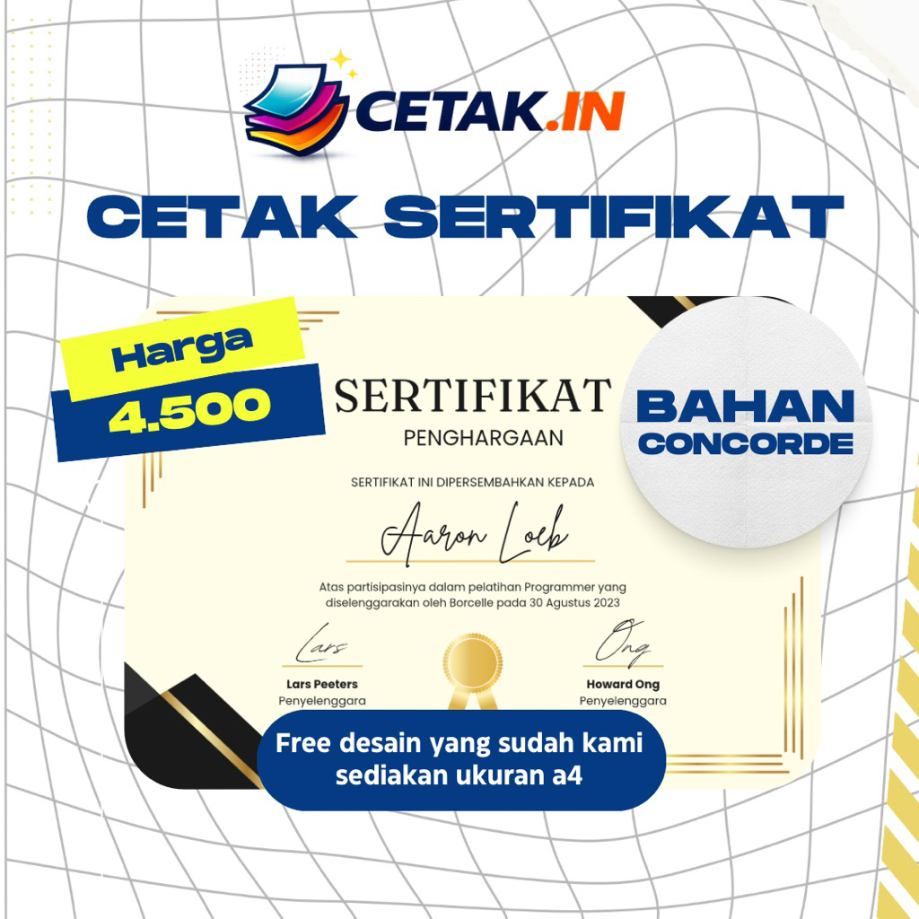 Print sertifikat A4 1 Sisi Full Warna.