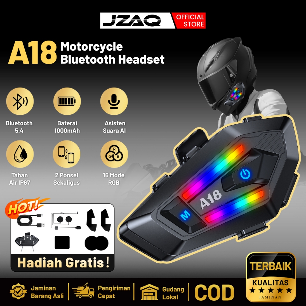JZAQ A18 Headset Helm Bluetooth - Baterai 1000mAh, BT 5.4, Fitur Noise Cancelling & Asisten Suara.