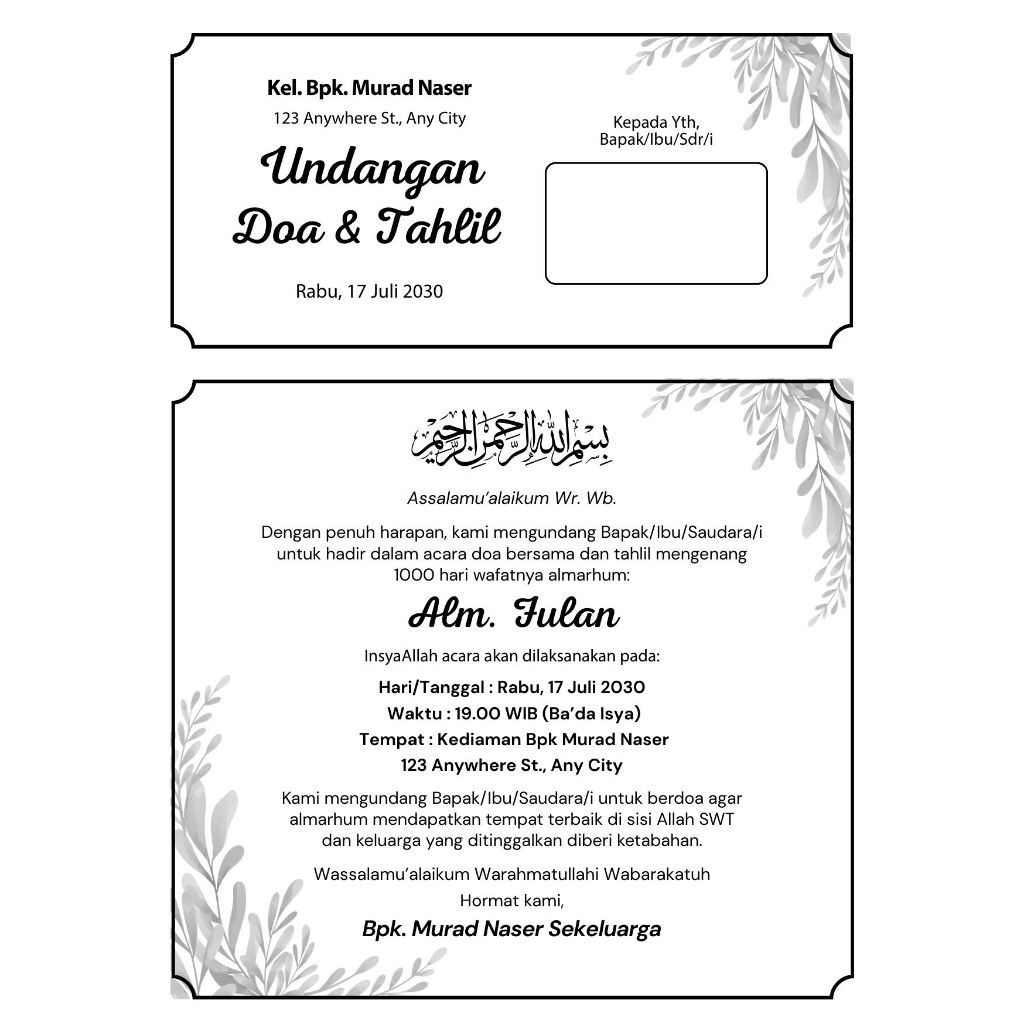 UNDANGAN TAHLIL/YASIN/WALIMATUL URSY/DLL SESUAI KEBUTUHAN ANDA A4 & A5