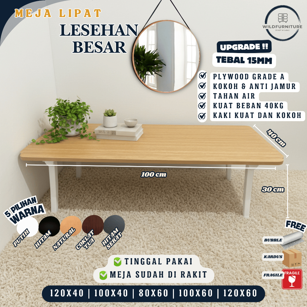 [Wildfurniture] Meja Lipat Lesehan Besar 120X60 100X60 120X50 100X50 120X40 100X40 80X60 / Meja