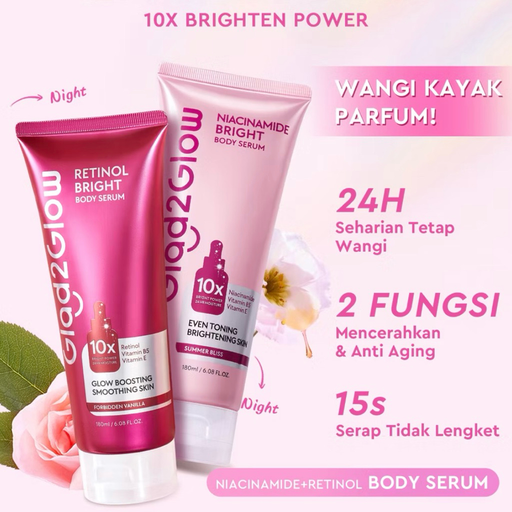 GLAD2GLOW Retinol/Niacinamide Bright Body Serum Body Lotion 10X Cerah Instant Absorb Whiten Tone Up 