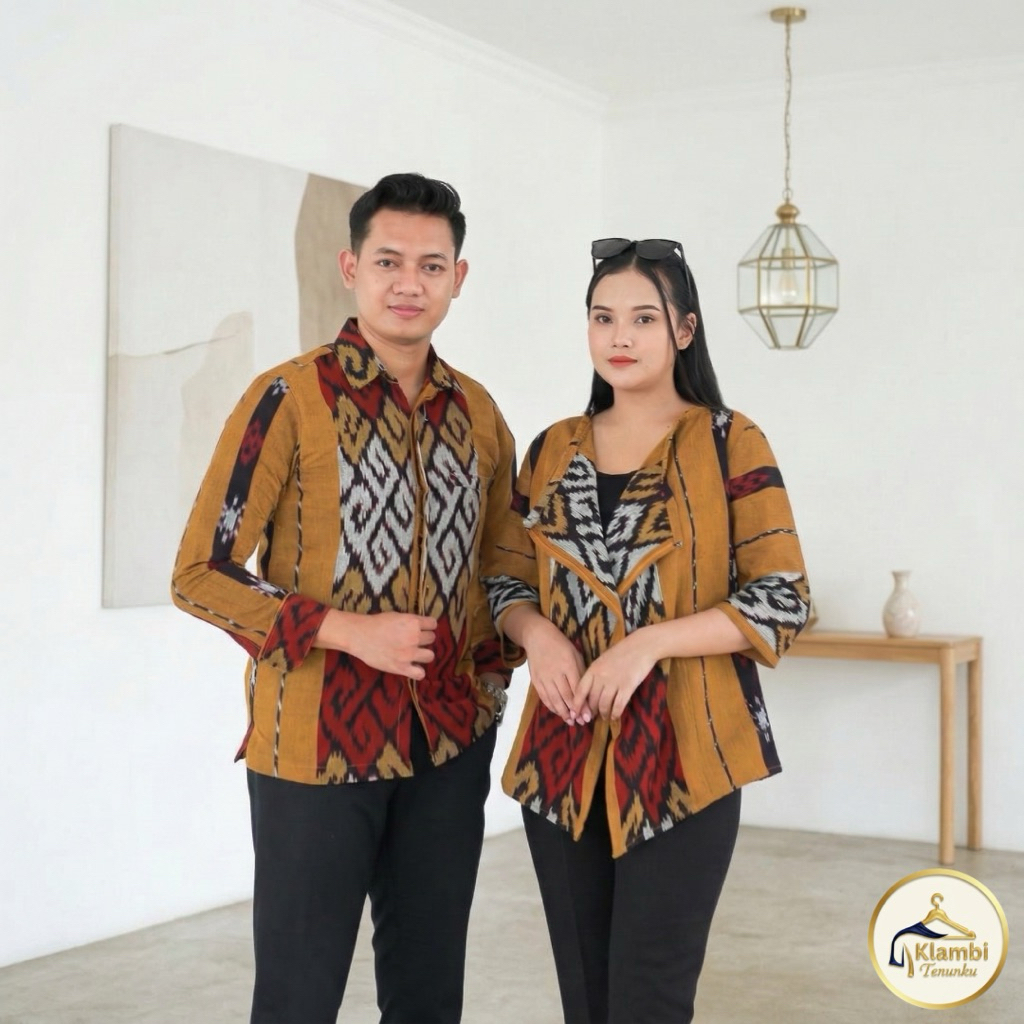 Ready Stok Set Couple Baju Tenun/Sarimbit Motif Tenun Blanket Toraja Kuning Kunyit Kekinian