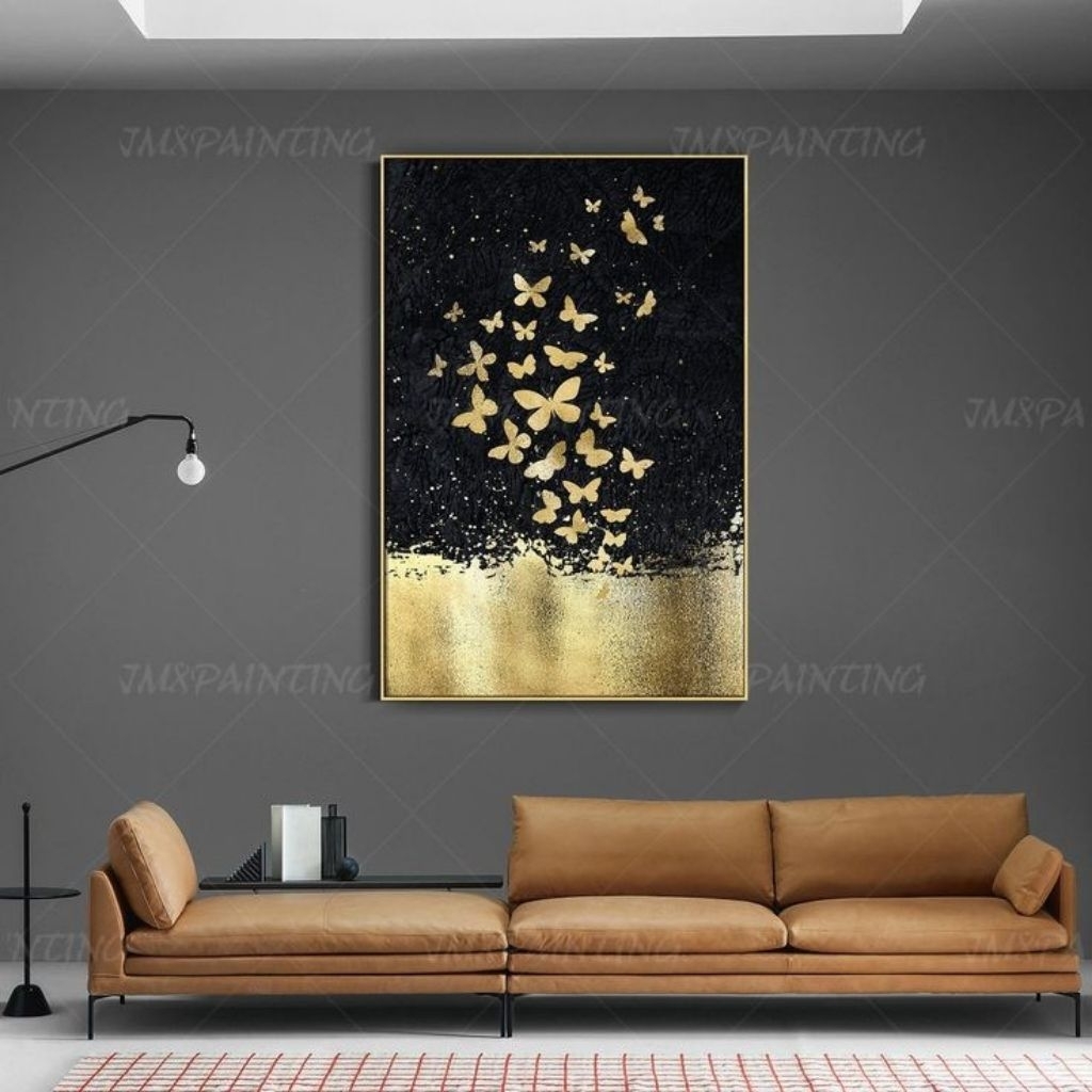 lukisan dinding kupu-kupu warna gold hiasan dinding aesthetic –lukisan siap pajang –lukisan asli bua