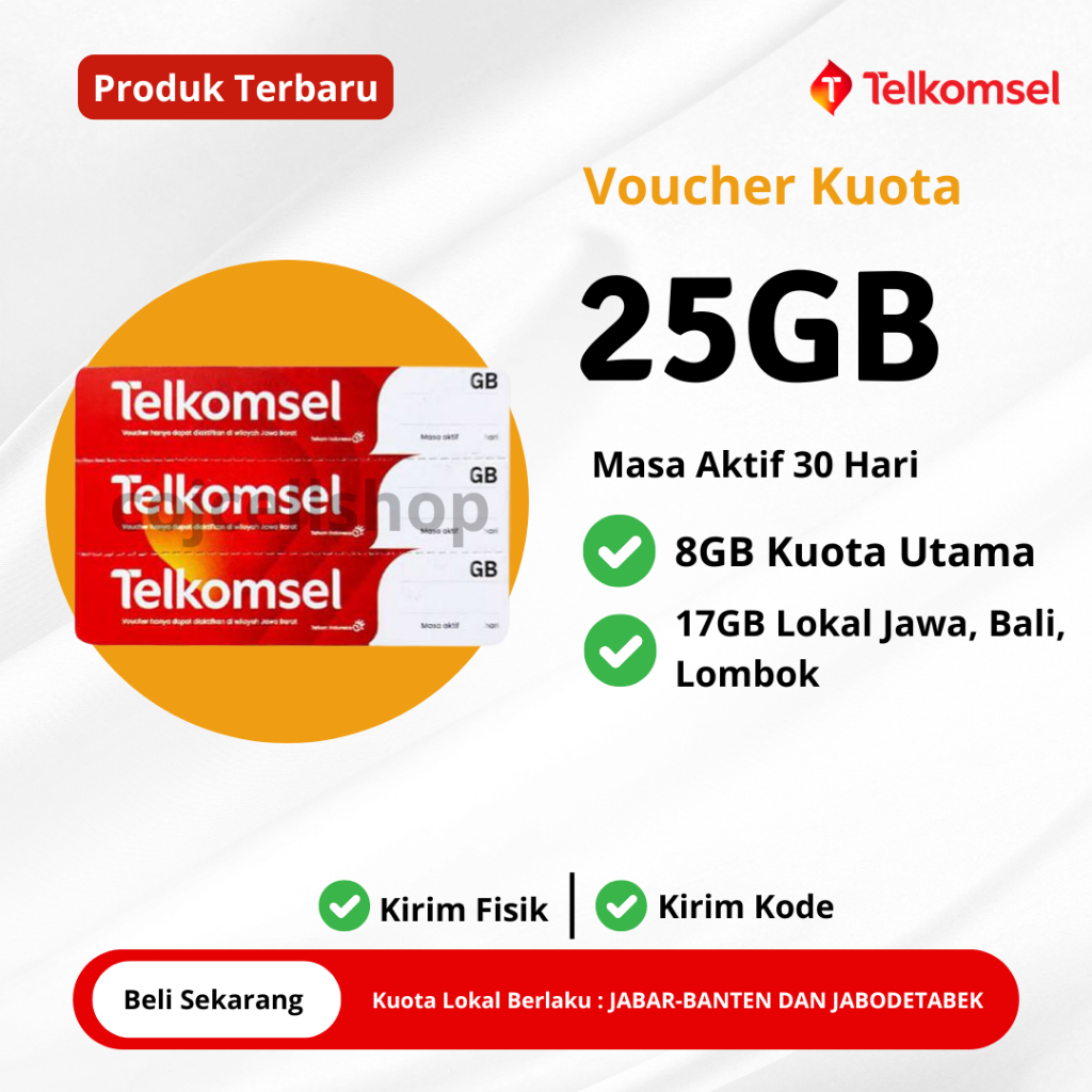 Voucher Kuota Telkomsel 25GB Masa Aktif 30 Hari Jawa Bali Lombok.