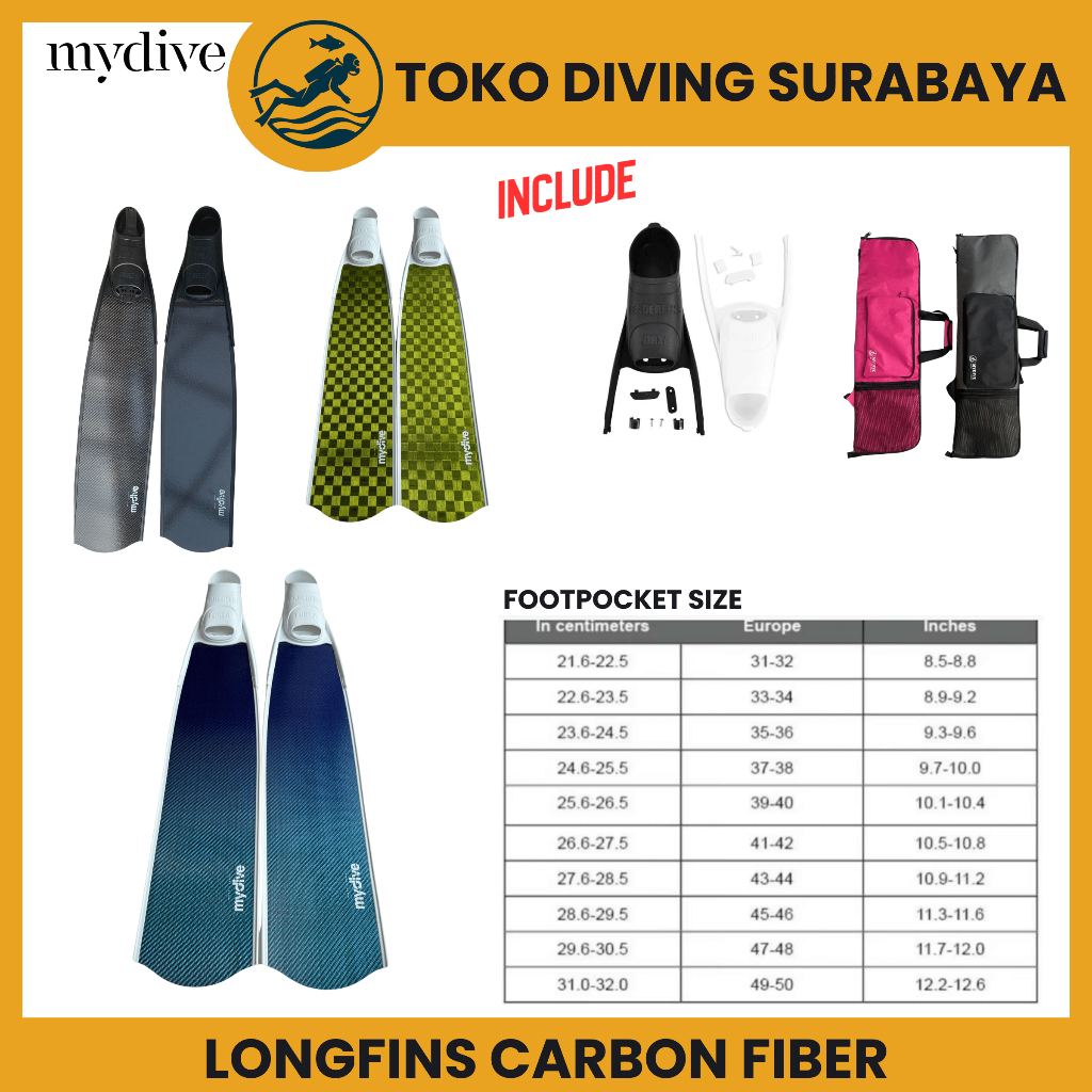 FREEDIVING LONGFINS MYDIVE CARBON FIBER FOOTPOCKET LEADERFINS WITH BAG