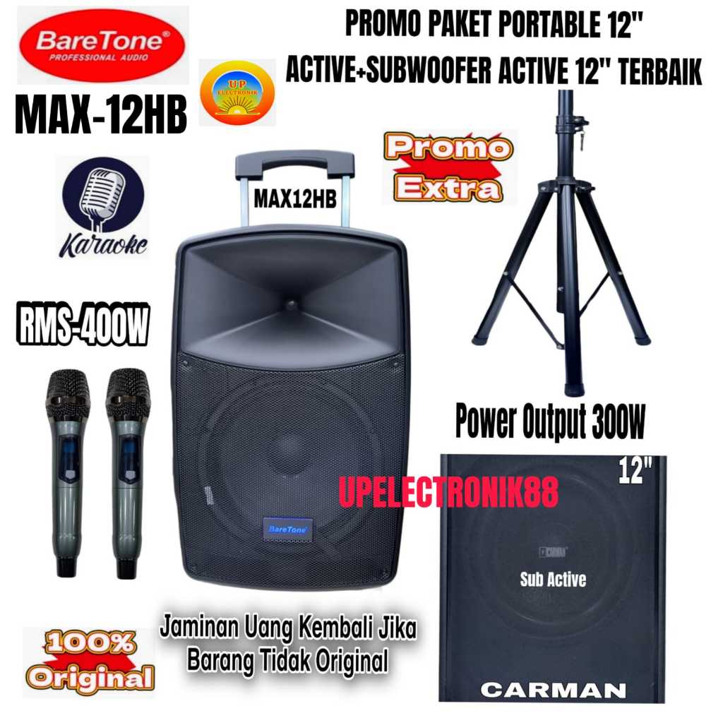 Paket Outdoor Indoor Speaker Portable 12" Baretone MAX12HB + Subwoofer 12" Original Kualitas Bagus