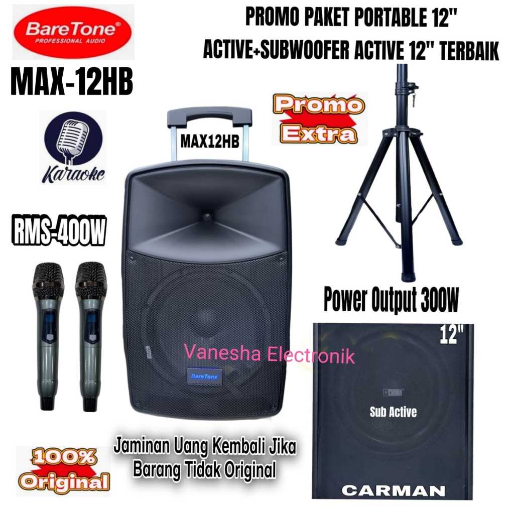 Paket Outdoor Indoor Speaker Portable 12" Baretone MAX12HB + Subwoofer 12" Original Kualitas Bagus
