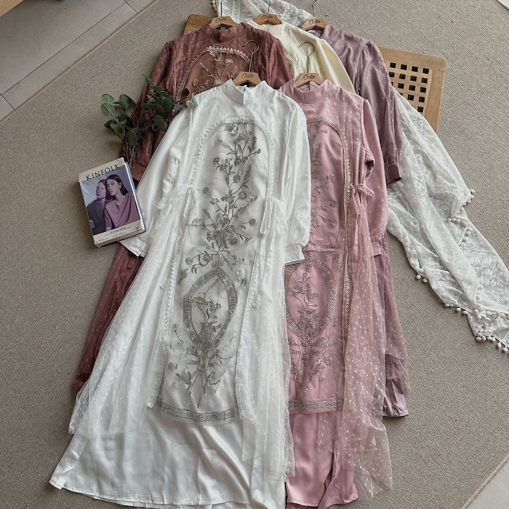 Oclo Disla Dress Vest Silk Tulle Dot Embroidery Tie Premium Gaun Lebaran Mewah Elegan OCL01402