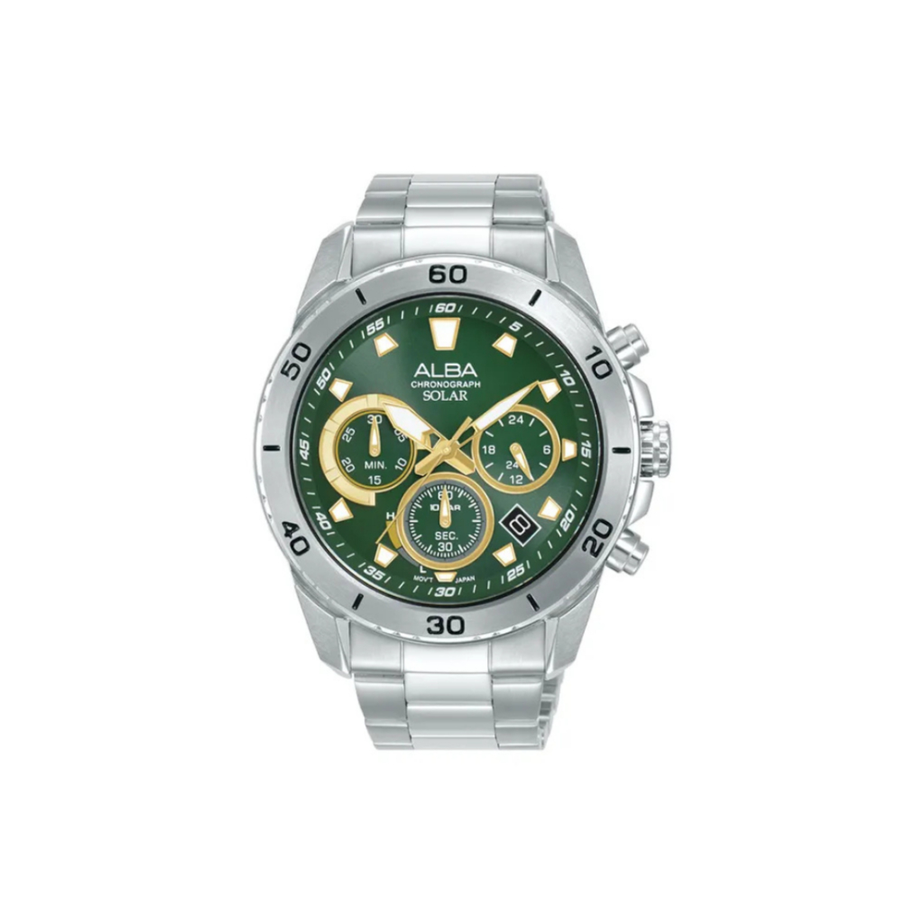 Jam Tangan Pria Alba Active AZ5011 AZ5011X1 Men Solar Chronograph Strap Stainless Steel Silver Color