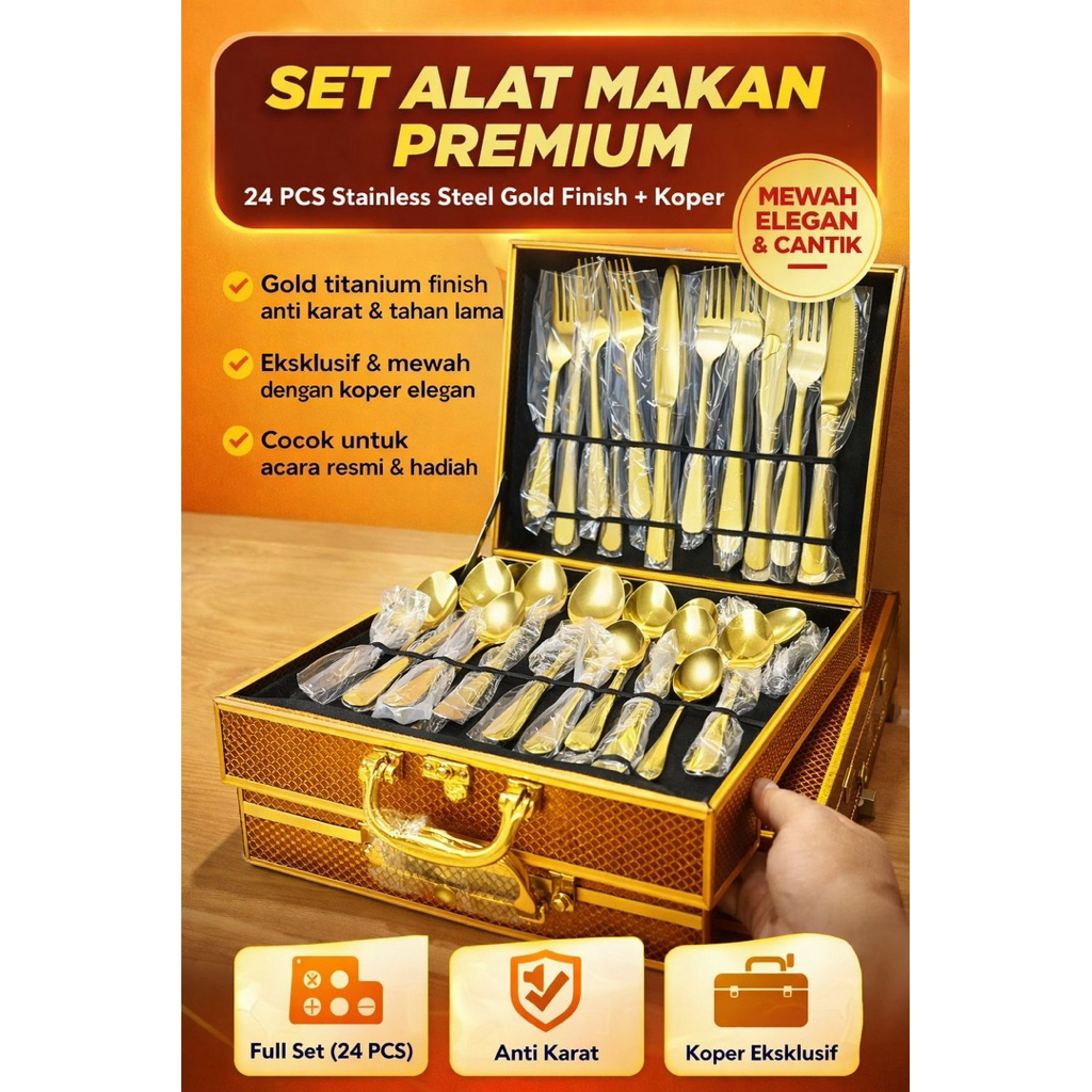 RAMADHAN GIFT Set Alat Makan Gold 24 PCS Stainless Steel Premium Dengan Koper Elegan Sendok Garpu Pi