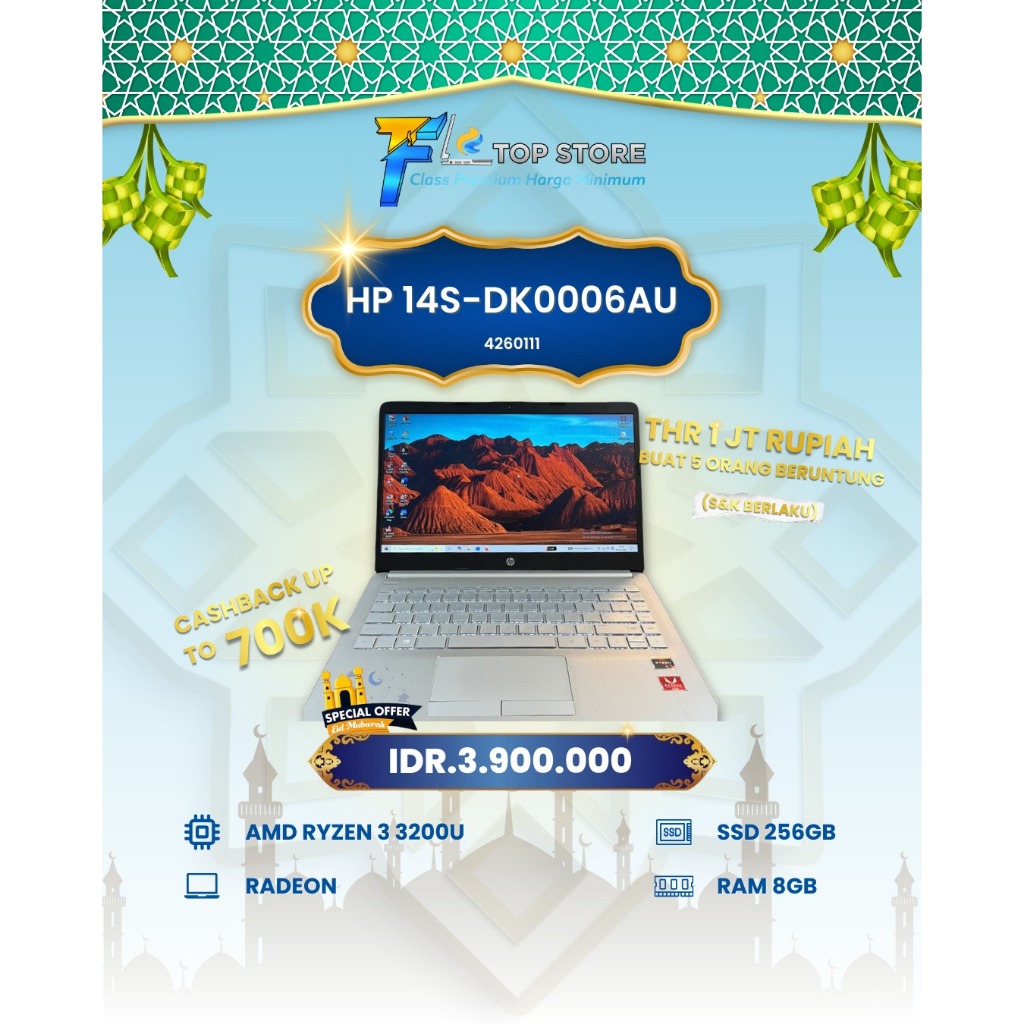 LAPTOP HP 14S-DK0006AU AMD RYZEN 3 3200U 8/256GB