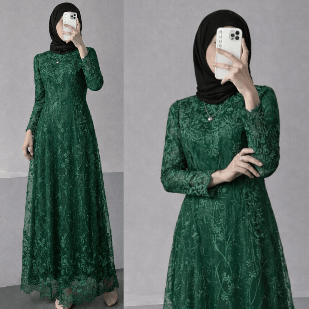 Najwa Gamis Lebaran Emerald Green Dress Kondangan 2026 Brukat Maxy Dress Aline Premium Tille