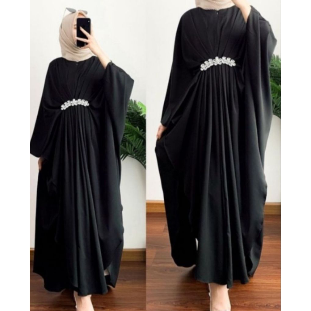 Kaftan Ceruty Hitam Busui Friendly Resleting Depan