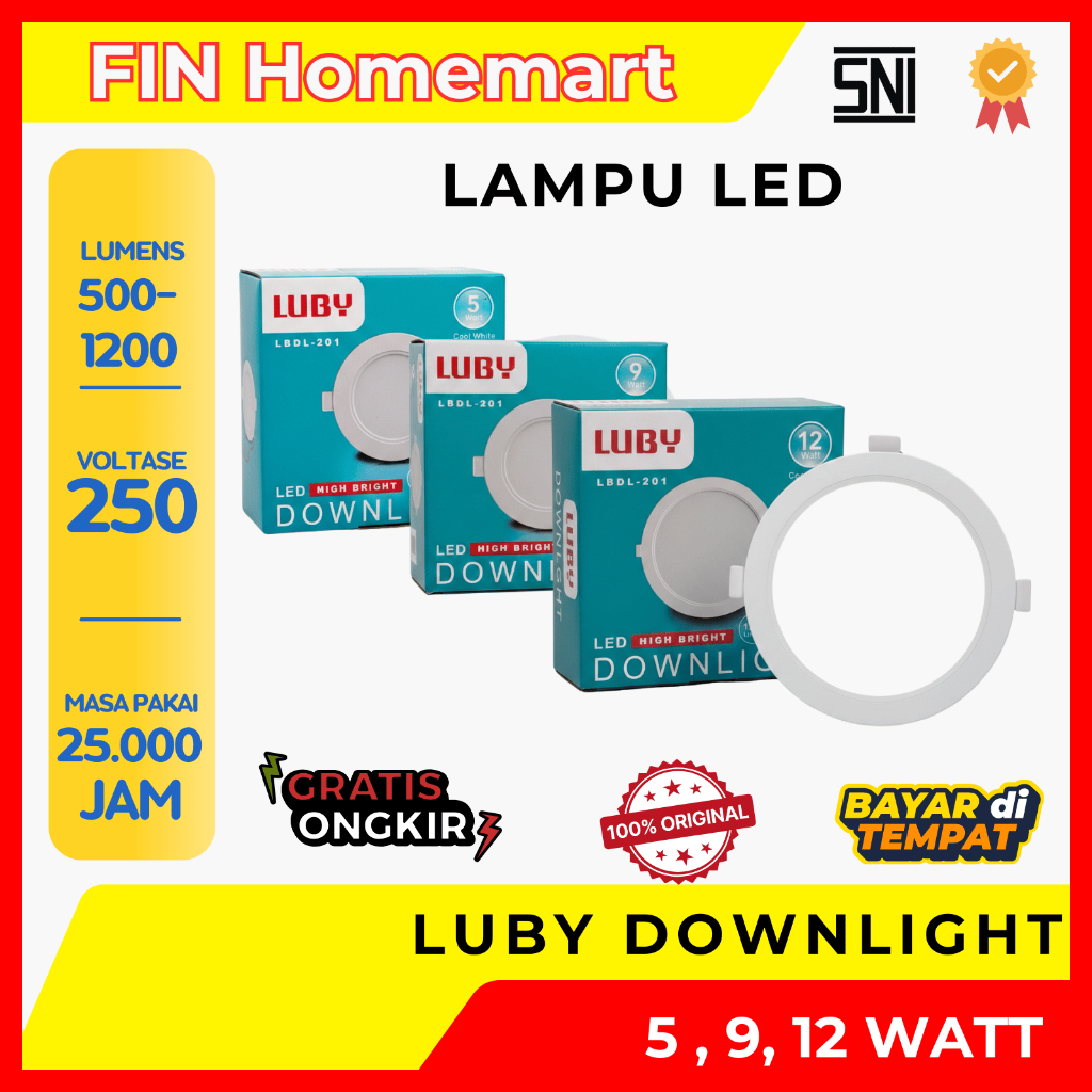LUBY Lampu Led Panel LBDL-201 Downlight 5W 9W 12W  Cahaya Putih IP20 Indoor