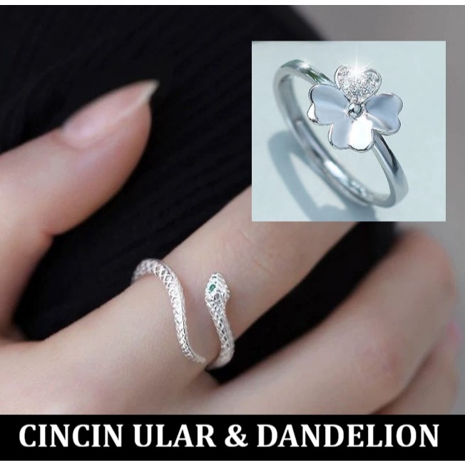 Cincin Daun bunga dandelio ular bersisik mata hijau original import unisex aksesories fashion wanita