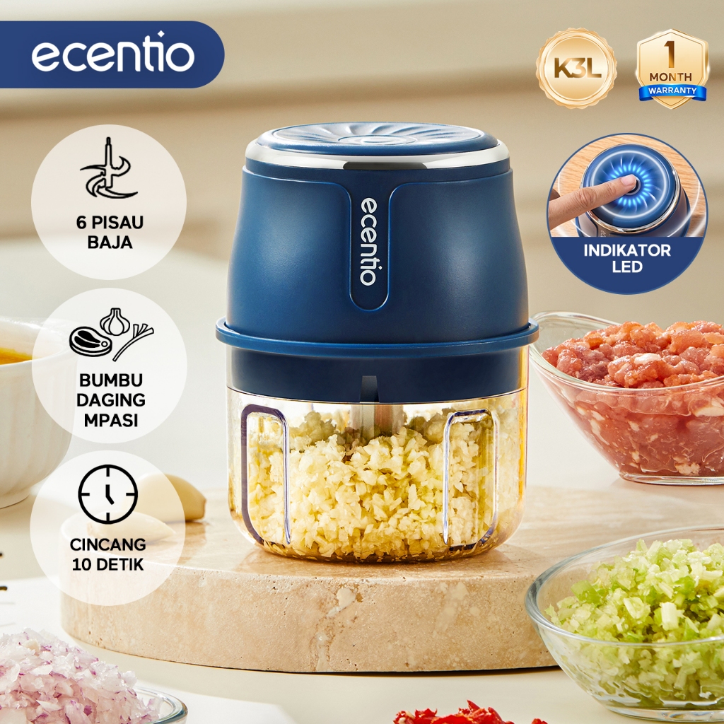 ecentio Mini Chopper Bawang Food Grade Penggiling Daging Multifungsi 250ML 6 Pisau Food Processor El