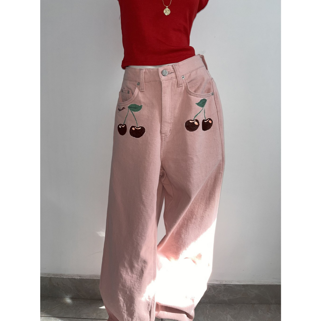 Hand-painted Cherries on Pink Jeans | Celana Panjang Jeans Pink Cherry | Reworked Denim Jeans | Rewo