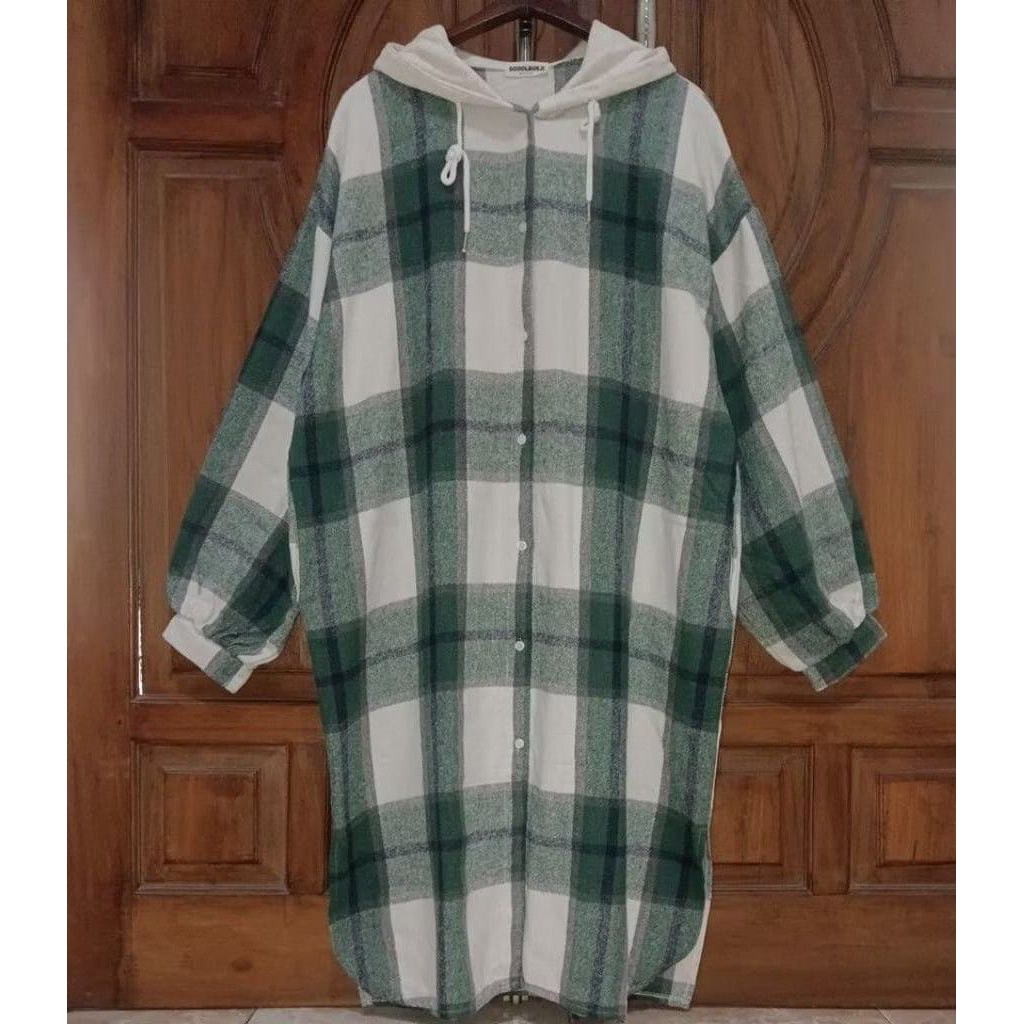 PRELOVED GGOOLBUKJI Jaket Kemeja Hoodie Flanel Wanita Tartan Hijau Bigsize LD 132