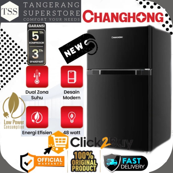 Changhong FTM108DB Kulkas 2 Pintu Mini 108L Hitam Low Watt Fast Freezing