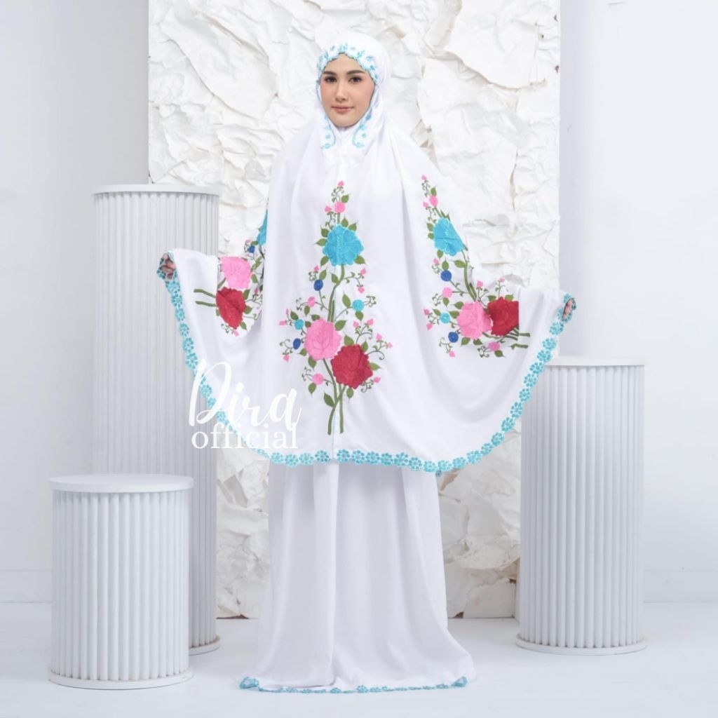 DIRA - Mukena Bordir Manual Mewah Motif Mawar | Mukena Putih Bordir Premium - Mukena Umroh