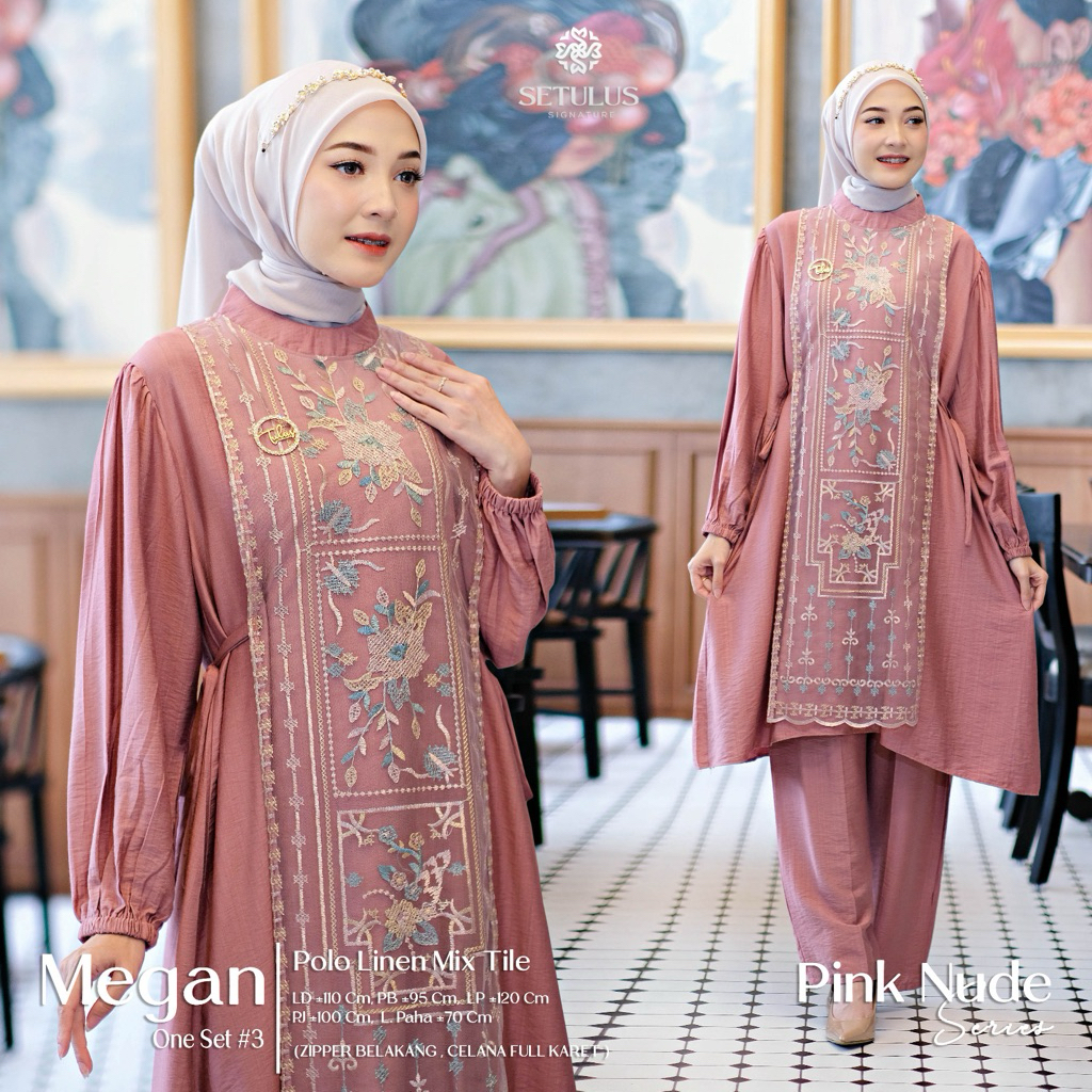 (DEFIA)Setelan Wanita Megan One Set #3 – Tunik Bordir Premium Polo Linen Mix Tile + Celana Panjang |