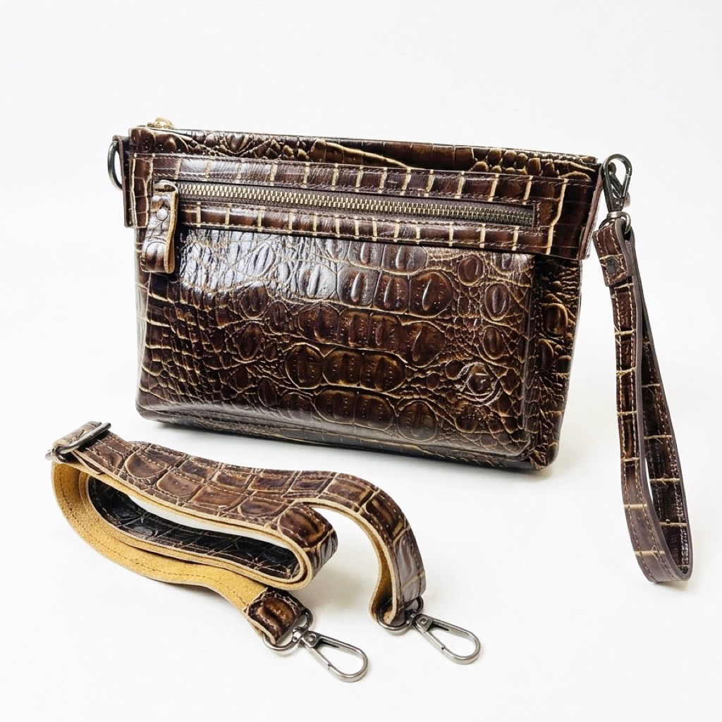 HANDBAG POUCH CLOUTH MORELA KULIT SAPI ASLI MOTIF BUAYA PRIA WANITA ORIGINAL 100%