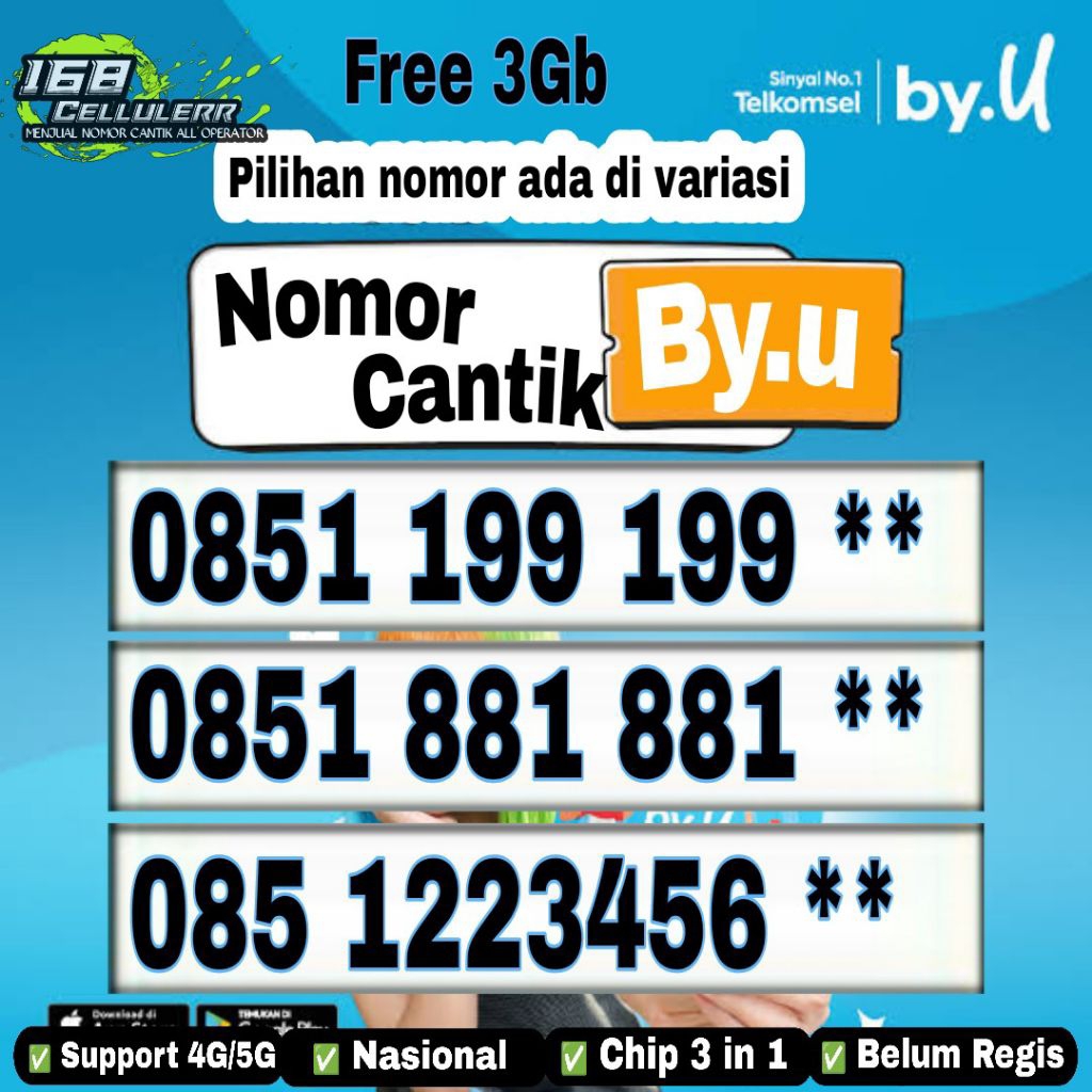 nomor cantik telkomsel kartu by.u 5G kuota 3Gb 3333