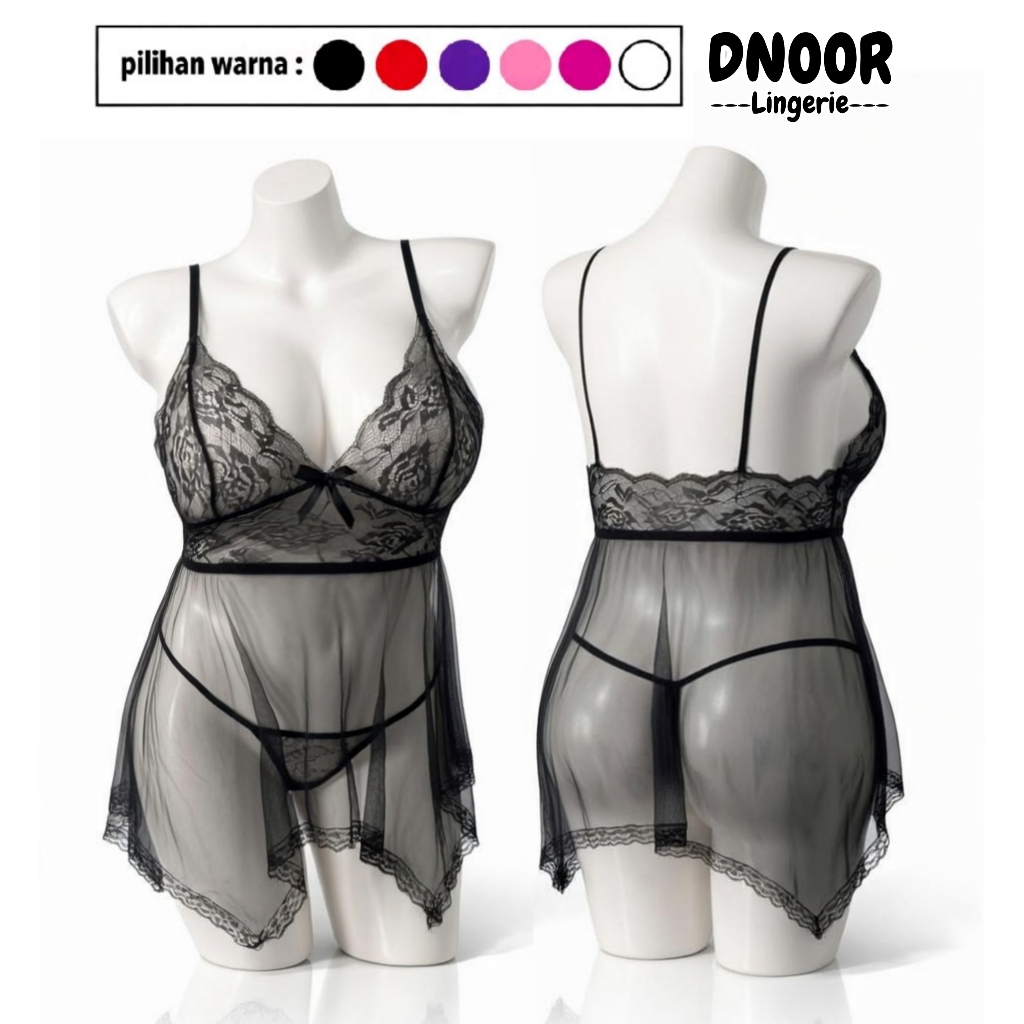 DNOOR Lingerie Babydoll Renda Transparan Big Size Jumbo – Baju Tidur Lace Tipis + CD