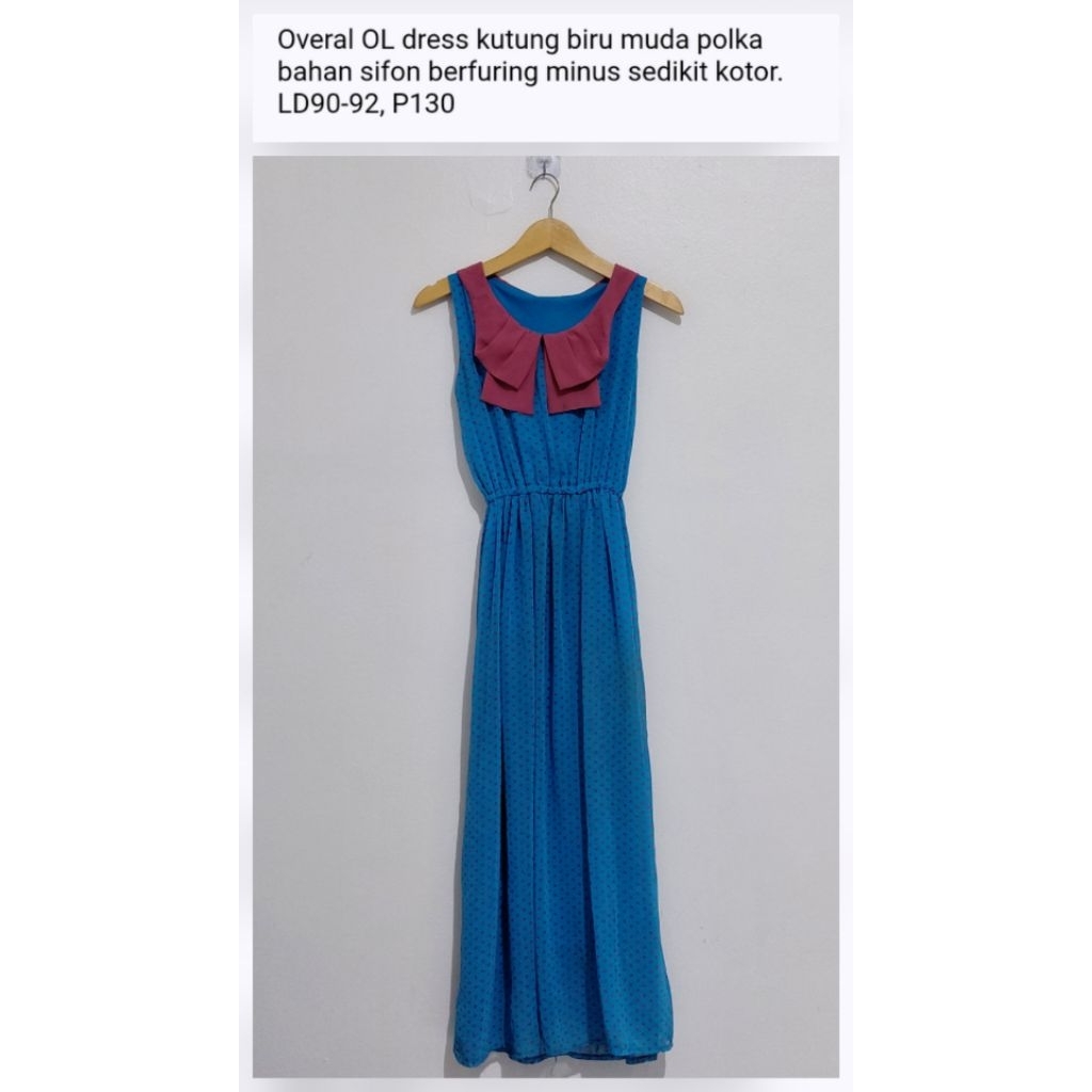 Overal OL dress kutung biru muda polka bahan sifon berfuring pernah dipakai minus sedikit kotor