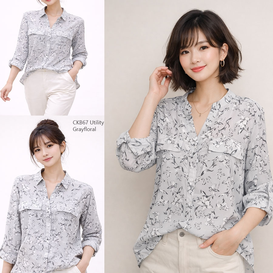 CK67 UTILITY GRAYFLORAL Top Baju Atasan Blouse Kemeja Wanita