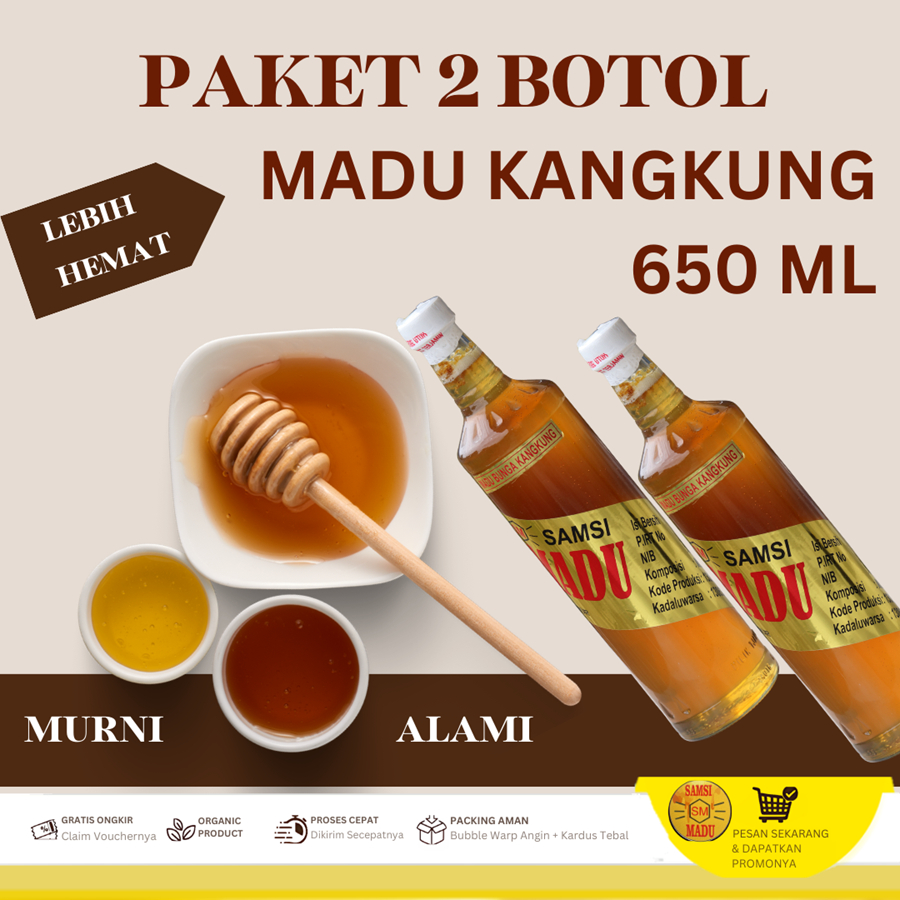 Paket 2 Botol Madu Kangkung 650 ML Samsi Madu Jombang Wonosalam Murni Alami Botol Kaca Halal PIRT