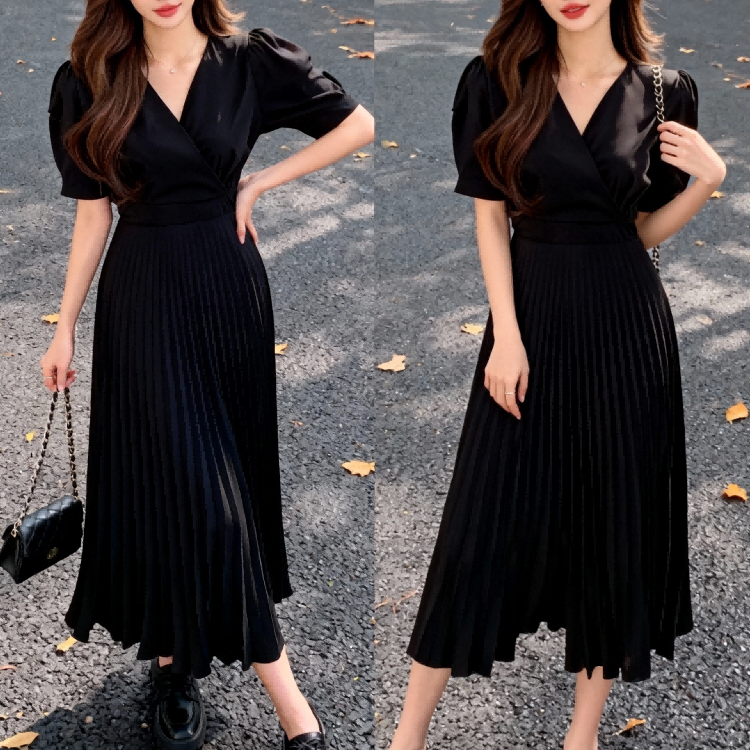 Hertha Duga dress wanita hitam korea style kekinian lengan pendek dress long elegan import korea jum