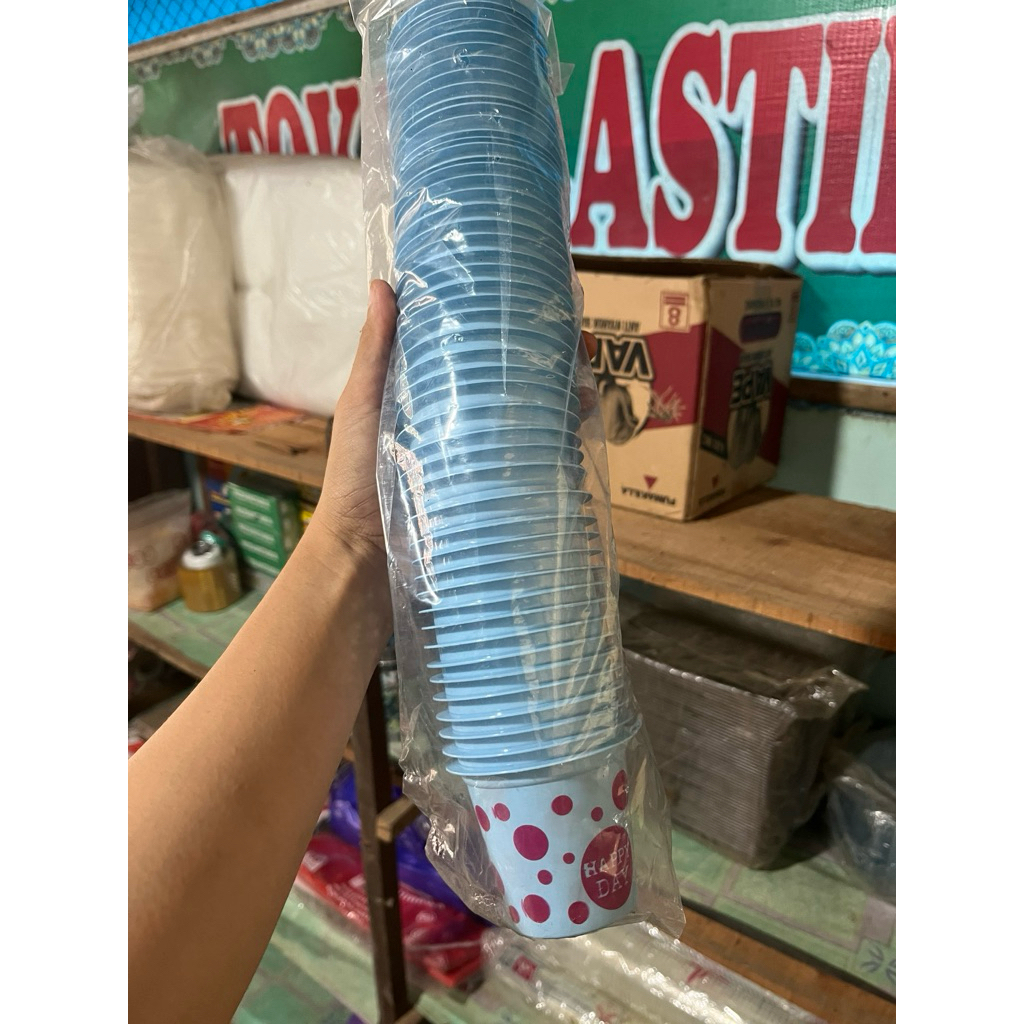 Gelas Plastik Minuman Motif Happy Day Isi 50 Pcs Cup Plastik Es Buah / Es Teh / Minuman Dingin