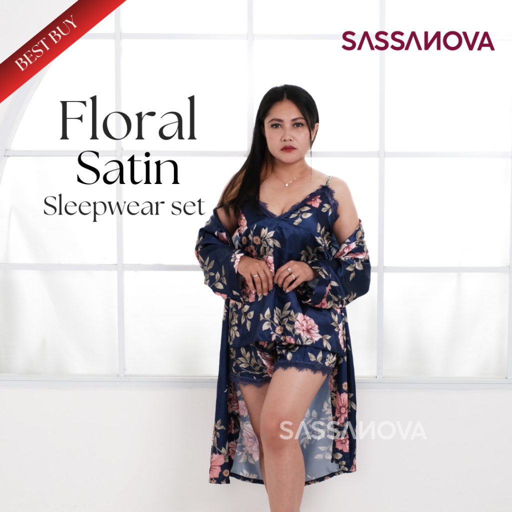 HANNI Kimono Sleepwear Satin Set Wanita 3 PCS Baju Tidur (Tank Top + Celana Pendek + Kimono Robe) Mo