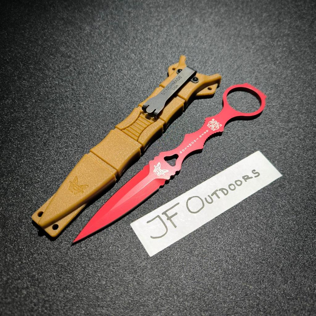 Pisau EDC Outdoor Benchmade Push Dagger Twin Edge Neck Knife Red Khaki Edition