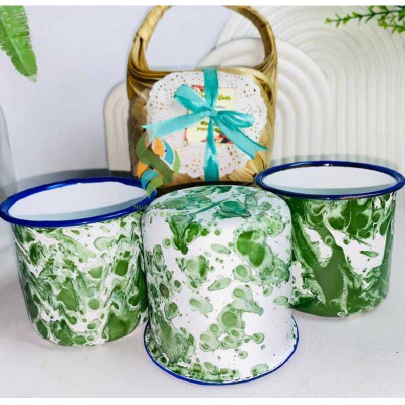 Souvenir Gelas Enamel Blurik 7cm Cangkir Minum Kopi Mug Kaleng Gagang Motif Lurik