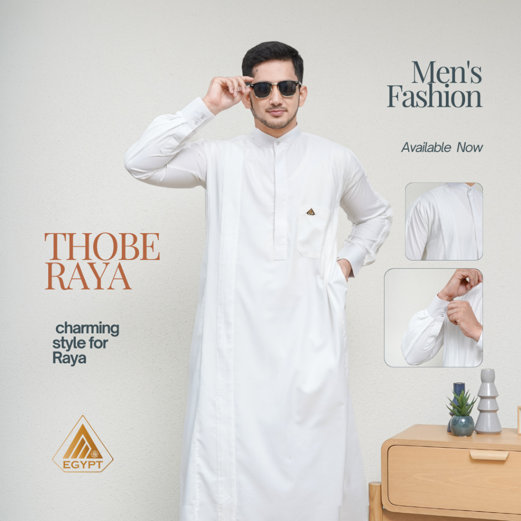 Thobe Pria Exclusive Egypt – Jubah Muslim Kombinasi Plite Premium Saudi | Zipper YKK | Putih BW | Si
